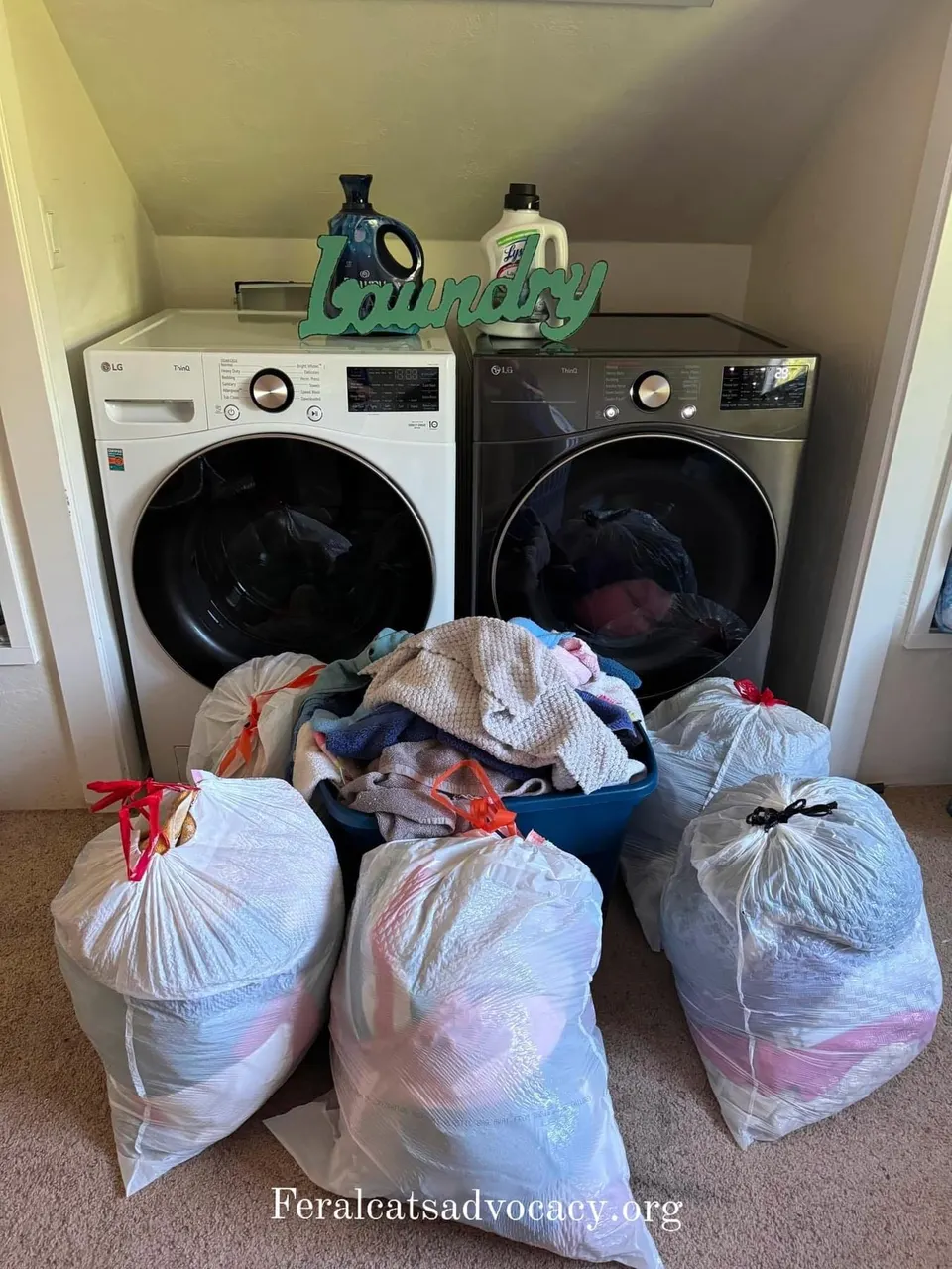 A new washer and dryer with bags of laundry in front