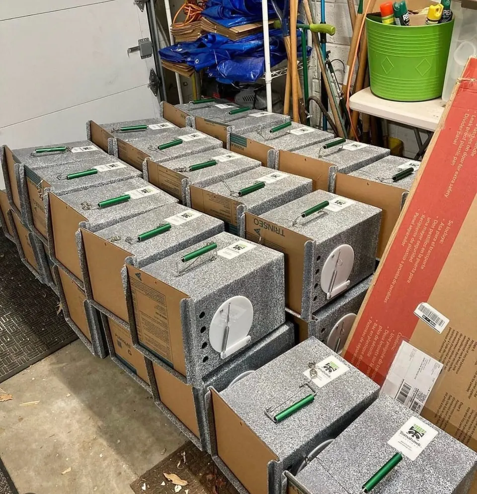 Stacks of boxed humane traps